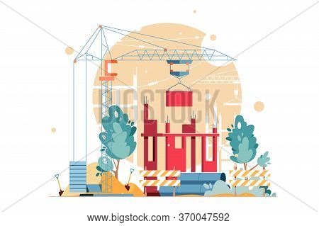 Construction In Process Vector Illustration. Building Object With Crane Stacking Blocks. Constructio