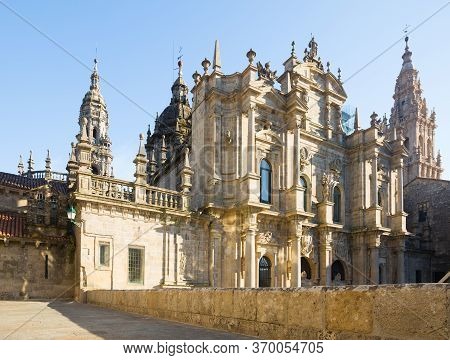Santiago De Compostela Cathedral In Day Time. Galicia, Spain