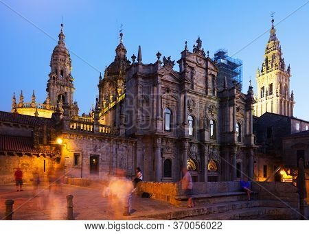 Santiago De Compostela Cathedral In Evening Time. Galicia, Spain