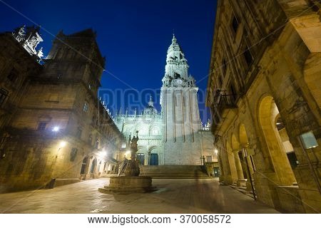 Square Of Praterias And Cathedral Belltower In Night Time. Santiago De Compostela, Galicia