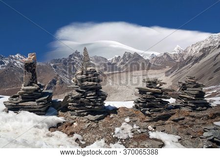 Stone Chortens On Chukhung Ri In Sagarmatha National Park, Nepal Himalaya. Chukhung Ri Is A Rocky Pe