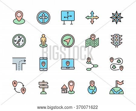 Set Of Navigation Color Line Icons. Compass, Location Pin, Wind Rose And More.