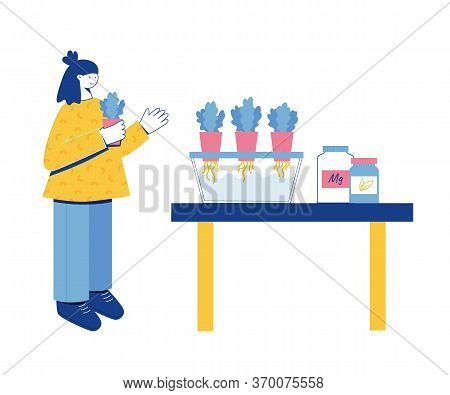 Hydroponics Concept. Vector Illustration. Woman Caring For Plants.