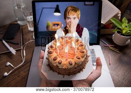 Asian Middle Aged Woman Feeling Loved And Happy While Celebrating Virtual Birthday Via Video Call At