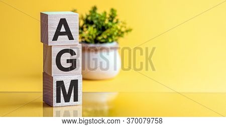 Agm - Annual General Meeting - Acronym On Wooden Cubes On Yellow Backround. Business Concept.