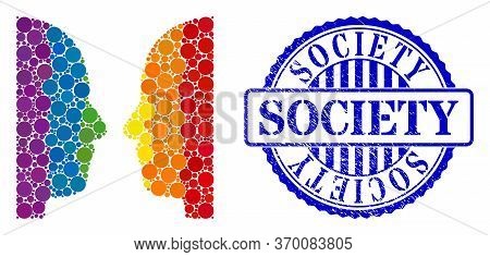 Dual Face Composition Icon Of Round Dots In Variable Sizes And Spectrum Color Tints. Blue Round Scra