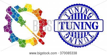 Wrench Tuning Mosaic Icon Of Round Dots In Different Sizes And Spectrum Colored Color Hues. Blue Rou