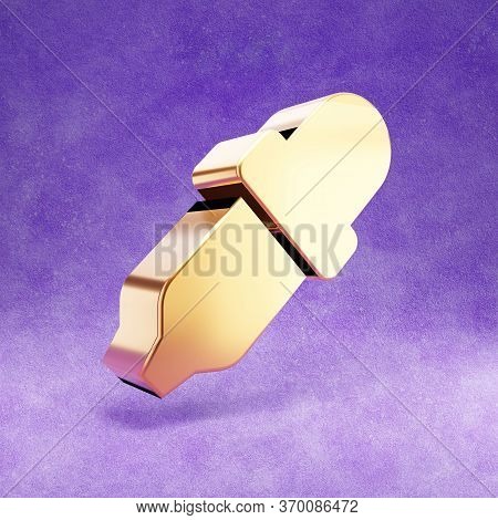 Eyedropper Icon. Gold Glossy Eyedropper Symbol Isolated On Violet Velvet Background. Modern Icon For