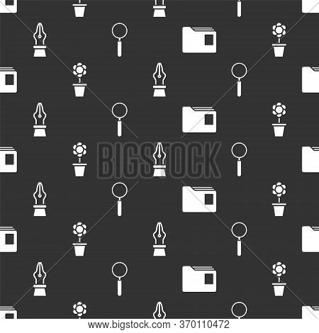 Set Document Folder, Flower In Pot, Fountain Pen Nib And Magnifying Glass On Seamless Pattern. Vecto