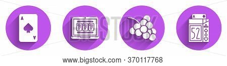 Set Playing Card With Spades, Laptop And Slot Machine, Casino Slot Machine With Grape And Deck Of Pl