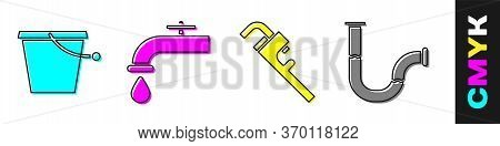 Set Bucket, Water Tap, Pipe Adjustable Wrench And Industry Metallic Pipe Icon. Vector