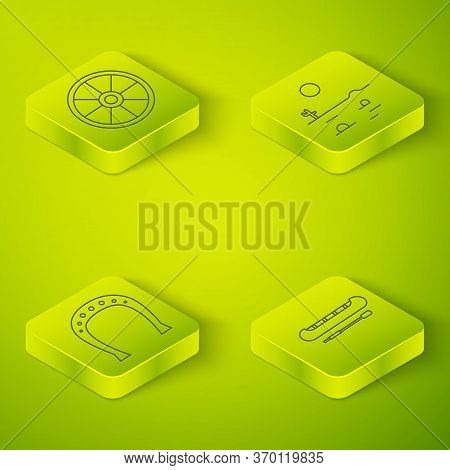 Set Isometric Desert Landscape With Cactus, Horseshoe, Kayak Or Canoe And Paddle And Old Wooden Whee
