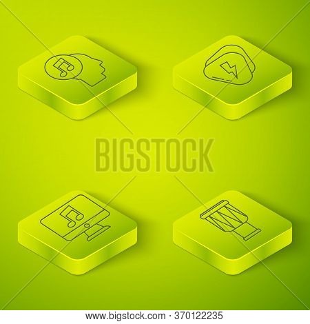Set Isometric Guitar Pick, Computer With Music Note, Drum And Musical Note In Human Head Icon. Vecto