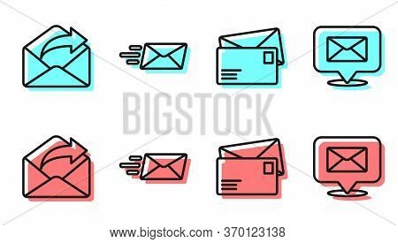 Set Line Envelope, Outgoing Mail, Express Envelope And Speech Bubble With Envelope Icon. Vector