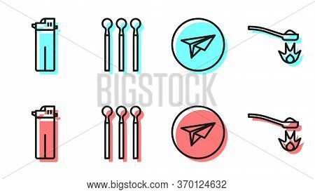 Set Line Messenger, Lighter, Matches And Heroin In A Spoon Icon. Vector