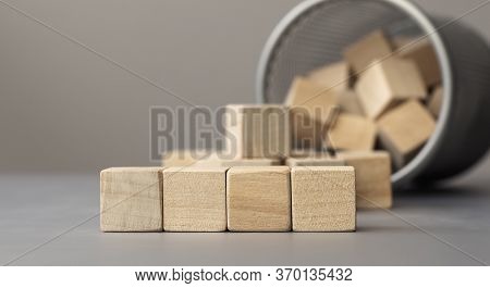 A Pile Of Empty Wood Block On Table. Top View. Business Concept For Growth Success Process. Copy Spa