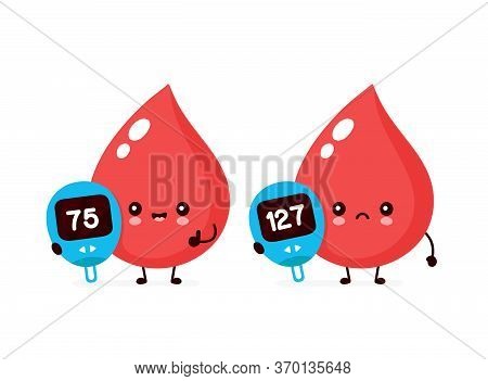 Cute Happy And Sad Blood Drop With Glucose Measuring Device Character. Vector Flat Style Cartoon Ill