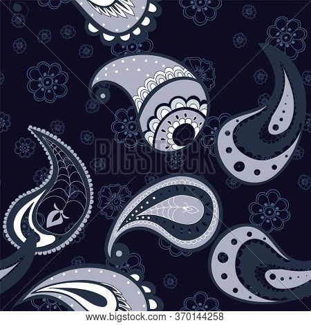 Blue Floral Abstract Vector Seamless Pattern. Asian Leaf Design. Ornament Beautiful Background. Indi