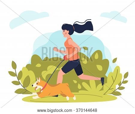 Young Girl Running With Dog In Park Flat Illustration. Stock Vector. Sport And Activity With Dogs, H