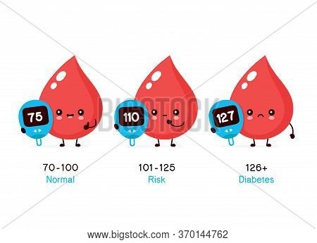 Cute Happy Blood Drop With Glucose Measuring Device Character. Vector Flat Style Cartoon Illustratio