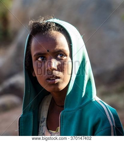 Aksum, Ethiopia - Feb 08, 2020: Ethiopian Girl On The Road From Axum To The Simien Mountains, North 