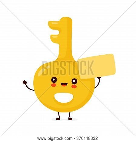 Cute Happy Gold Key Wirh Empty Sign. Vector Flat Cartoon Character Illustration Icon Design.isolated