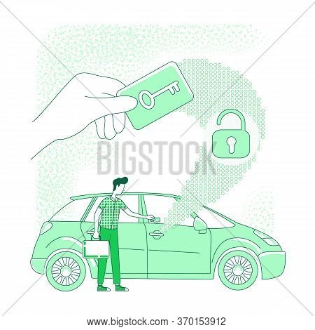 Vehicle Access, Keyless Lock Thin Line Concept Vector Illustration. Car Door Unlock Card, Man With E