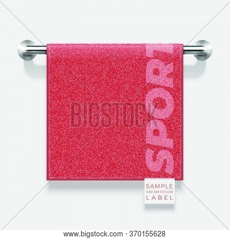 Terry Towel With Label Template Hanging On Metallic Holder. Vector Realistic Mockup Illustration.