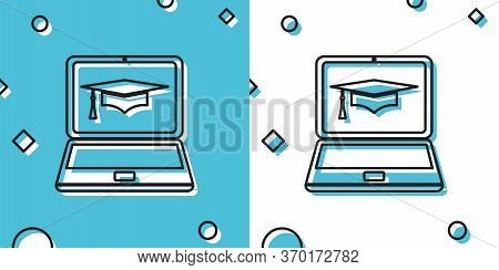 Black Graduation Cap And Laptop Icon. Online Learning Or E-learning Concept Icon Isolated On Blue An