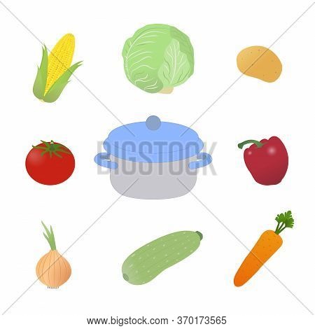Vegetable Set Of Tomato, Zucchini, Onion, Carrot, Corn, Pepper, Potatoe, Cabbage Located Around The 