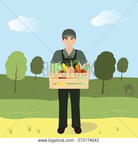 Farmer With A Basket Of Vegetables Grown On His Farm. Farm Design Element. Flat Style Vector Illustr