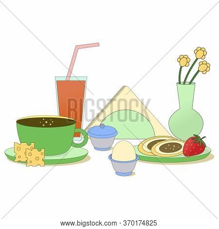 Breakfast Icon With Egg, Coffee, Strawberry, Carrot Juice, Cookies And Cheese. Decorated With A Vase