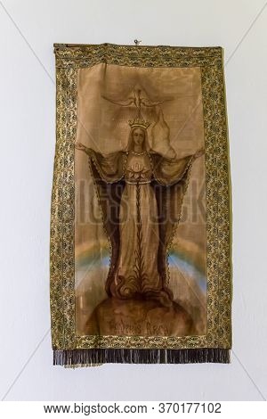 Jerusalem, Israel, December 07, 2019 : Embroidered Fabric With The Image Of The Virgin Mary Hanging 
