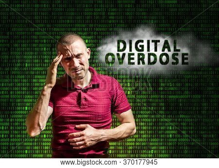 A Man With A Grimace From A Headache From An Overabundance Of Digital Information Against The Backgr