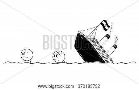 Vector Cartoon Stick Figure Drawing Conceptual Illustration Of Two Men Or Survivors Swimming In Wate
