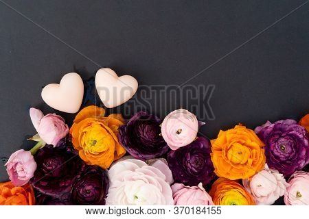 Buds Of Valentines Day Festive Flowers With Two Hearts On Minimal Black Background