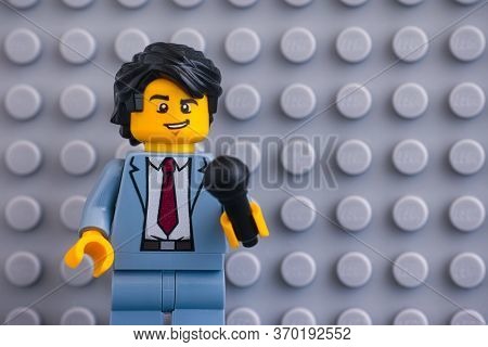 Tambov, Russian Federation - June 04, 2020 Portrait Of Lego Reporter Minifigure With Microphone Agai