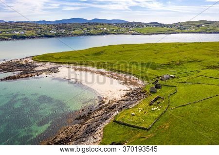 Aerial View Of Inishkeel Island By Portnoo Next To The The Awarded Narin Beach In County Donegal, Ir