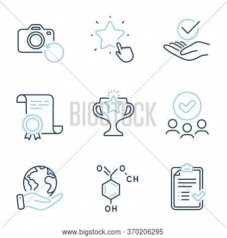 Victory, Chemical Formula And Ranking Star Line Icons Set. Diploma Certificate, Save Planet, Group O