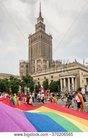 Warsaw, Poland - June 8, 2019: Equality parade on the streets of Warsaw. Gay, lesbians, trans, hetero people in LGBT Pride Parade