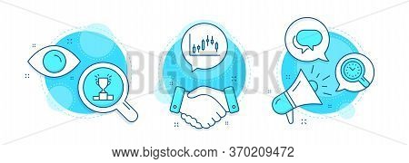 Talk Bubble, Time Management And Winner Podium Line Icons Set. Handshake Deal, Research And Promotio