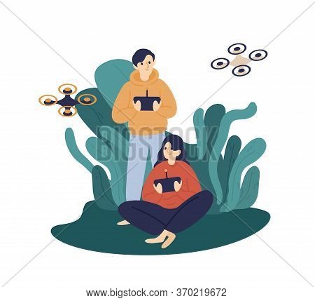 Happy Man And Woman Hold Remote Control Of Quadcopter Vector Flat Illustration. Couple Hide In Bushe