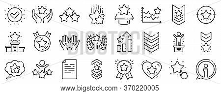First Place, Star Rating And Winner Medal. Ranking Line Icons. Shoulder Strap, Army Achievement And 