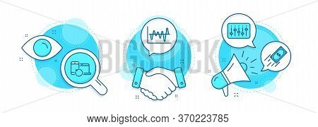 Fast Payment, Dj Controller And Stock Analysis Line Icons Set. Handshake Deal, Research And Promotio