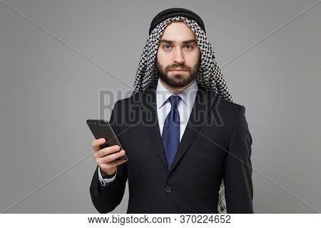 Bearded Arabian Muslim Businessman In Keffiyeh Kafiya Ring Igal Agal Classic Black Suit Isolated On 