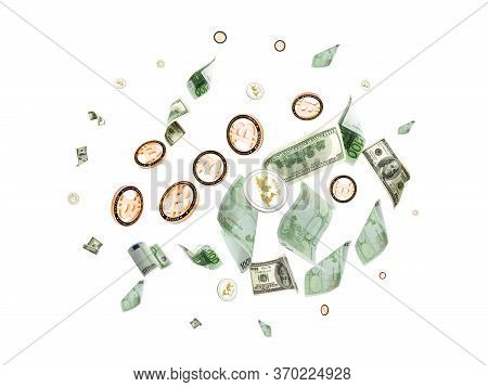 Euro Banknote Isolated. American Cash, Bitcoins Falling Background. European Money Cryptocash Bill