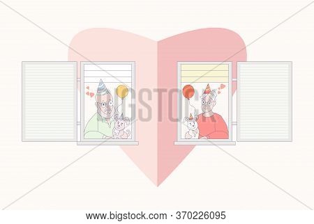 An Elderly Couple Is Looking For A Home. The Facade Of The House With Open Windows. Love And Holiday