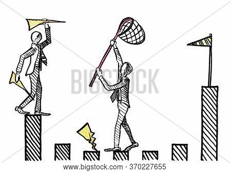 Freehand Ink Pen Drawing Of One Businessman Throwing Paper Airplanes Towards The Goal Post, While A 