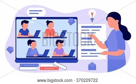 Learn From Distance With Teacher, Online Education. Kids Boy And Girl Is Sitting On Laptop And Study