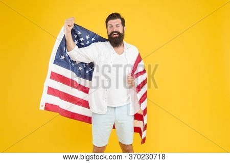 Got Green Card. American Citizen Celebrate Independence Day. Happy Hipster Hold Usa Flag. Citizenshi